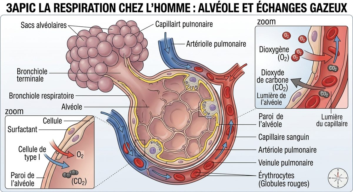 Une alvéole pulmonaire et son capillaire : le dioxygène passe de l'air vers le sang, le dioxyde de carbone fait le trajet inverse à travers une paroi très fine.
