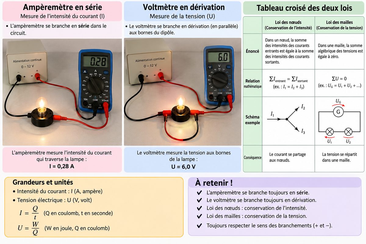 À gauche, l'ampèremètre branché en série mesure l'intensité qui traverse la lampe. Au centre, le voltmètre branché en dérivation mesure la tension à ses bornes. À droite, le tableau croisé des deux lois : loi des nœuds pour l'intensité, additivité pour la tension.