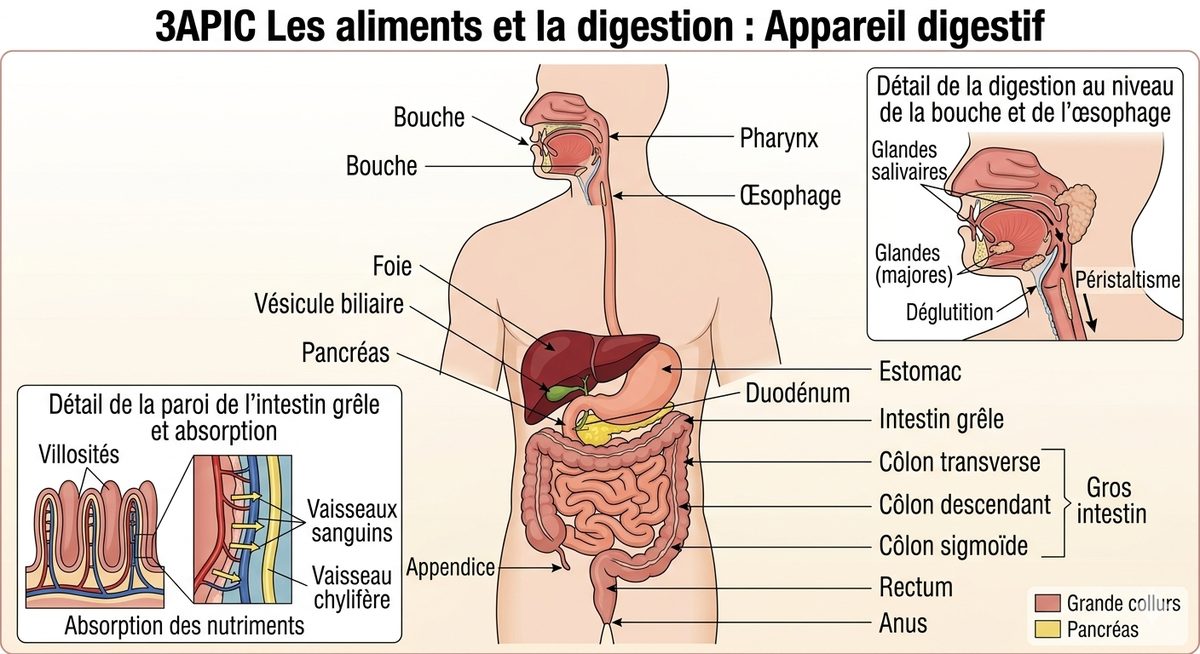 L'appareil digestif : bouche, œsophage, estomac, intestin grêle et gros intestin, avec le foie et le pancréas, et un détail des villosités intestinales.