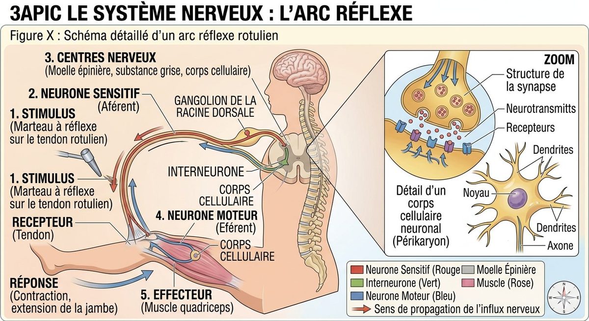 Schéma de l'arc réflexe rotulien : le stimulus au tendon, le neurone sensitif, la moelle épinière, le neurone moteur et le muscle effecteur, avec le sens de propagation du message nerveux.