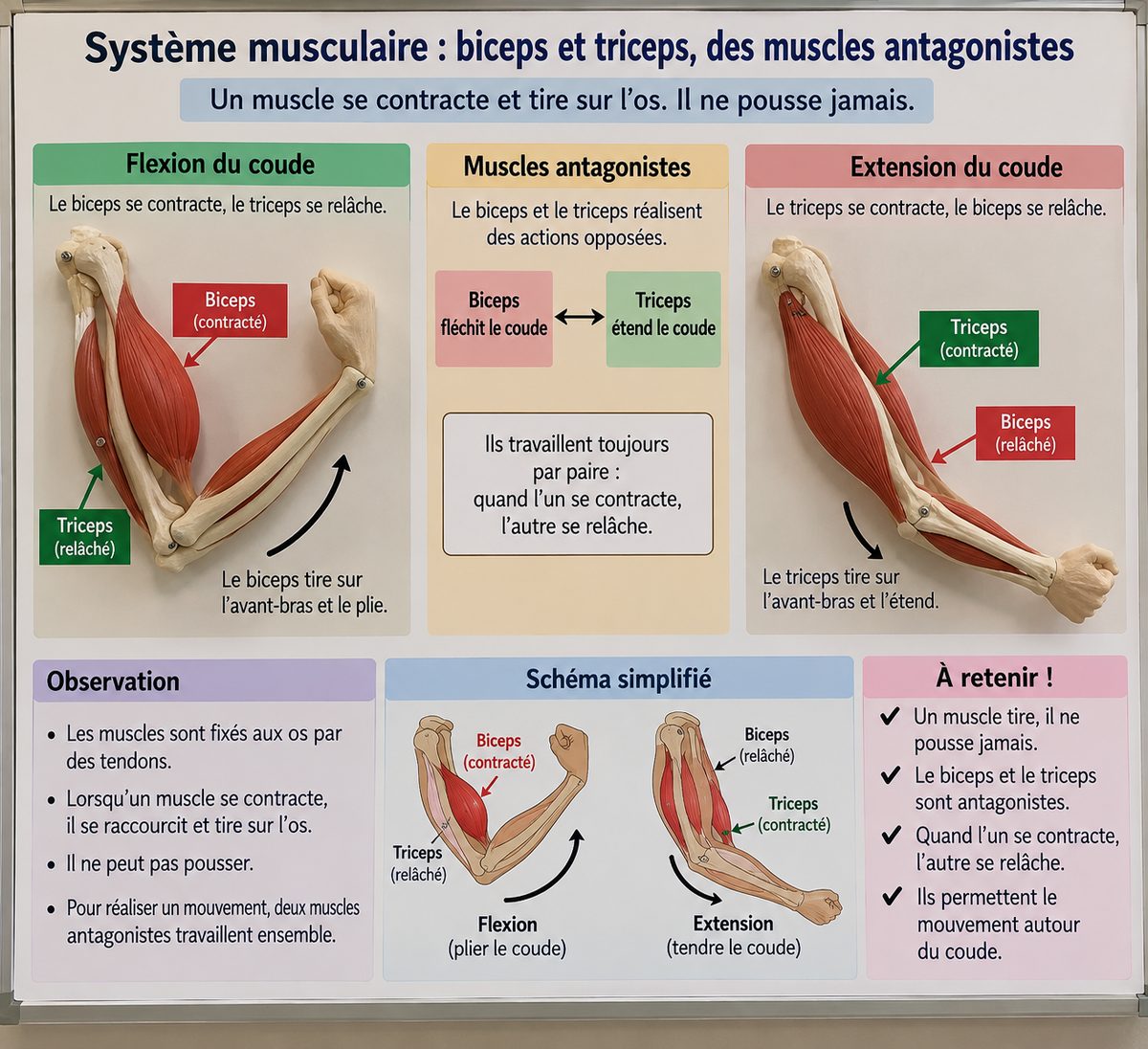 Le bras en flexion puis en extension. À la flexion le biceps se contracte et le triceps se relâche ; à l'extension c'est l'inverse. Les deux muscles sont antagonistes : un muscle tire toujours, il ne pousse jamais.