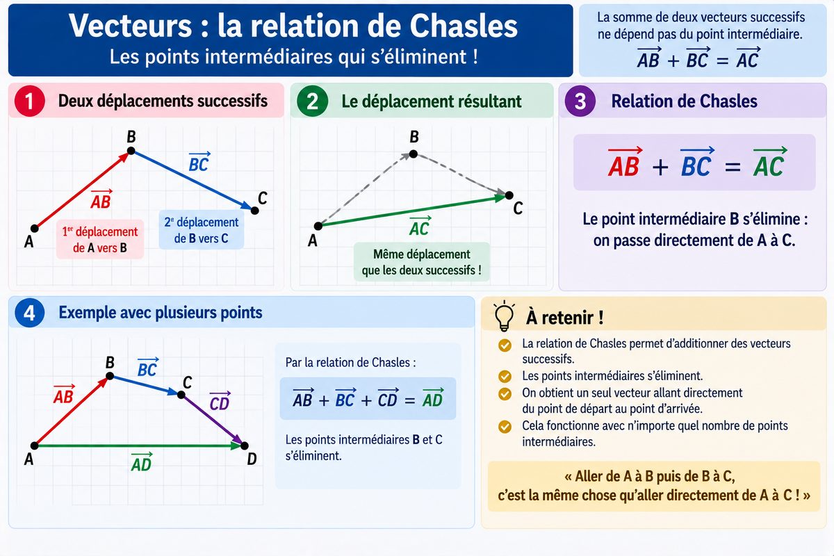 La relation de Chasles : aller de A à B puis de B à C revient à aller directement de A à C. Le point intermédiaire s'élimine, et cela fonctionne avec autant de points que l'on veut.