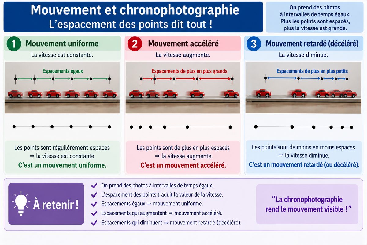 Trois enregistrements par chronophotographie. Espacements égaux : mouvement uniforme. Espacements croissants : mouvement accéléré. Espacements décroissants : mouvement retardé.