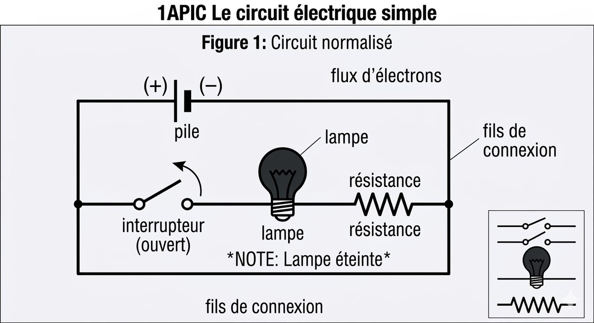 Schéma normalisé d'un circuit électrique : la pile avec ses bornes plus et moins, l'interrupteur ouvert, la lampe éteinte et les fils de connexion formant la boucle.