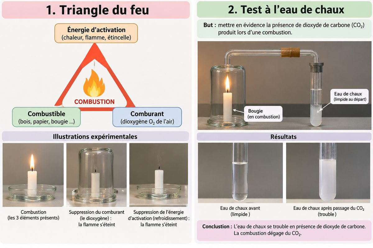 Le triangle du feu réunit le combustible, le comburant et l'énergie d'activation : supprimer l'un des trois éteint la flamme. À droite, le test à l'eau de chaux : elle se trouble au passage du dioxyde de carbone dégagé par la combustion.