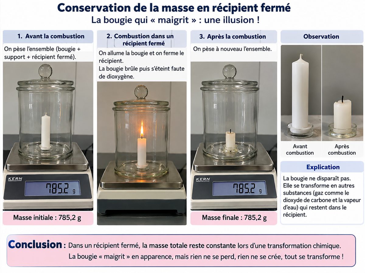 Une bougie brûle dans un récipient fermé posé sur une balance. La masse affichée avant la combustion et après la combustion est identique : 785,2 grammes. La bougie a pourtant diminué : sa matière s'est transformée en gaz restés dans le récipient.