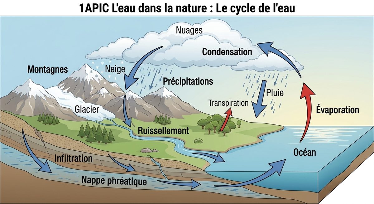 Le cycle de l'eau : évaporation depuis l'océan, condensation en nuages, précipitations sur les montagnes, ruissellement vers la mer et infiltration vers la nappe phréatique.