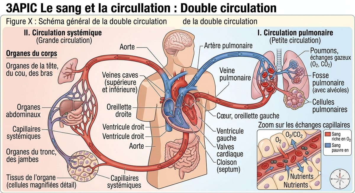 La double circulation sanguine : la circulation pulmonaire entre le cœur droit et les poumons, la circulation systémique entre le cœur gauche et les organes du corps.
