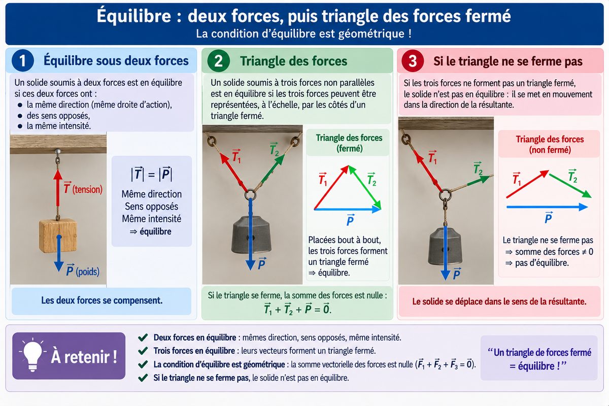 L'équilibre sous deux forces de même direction, de sens opposés et de même intensité. Puis l'équilibre sous trois forces : leurs vecteurs mis bout à bout forment un triangle fermé. Si le triangle ne se ferme pas, le solide se met en mouvement.