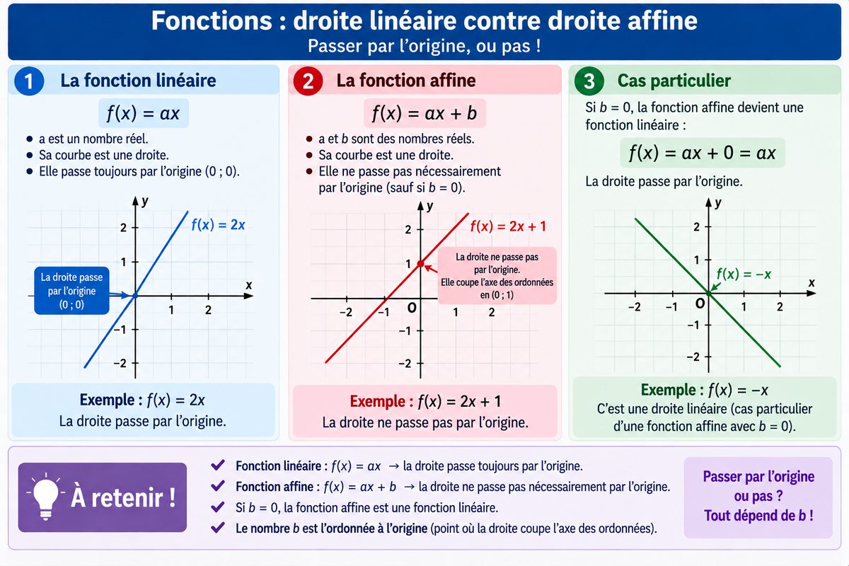 La fonction linéaire dont la droite passe toujours par l'origine, la fonction affine dont la droite coupe l'axe des ordonnées en b, et le cas particulier où b vaut zéro : la fonction affine redevient linéaire.