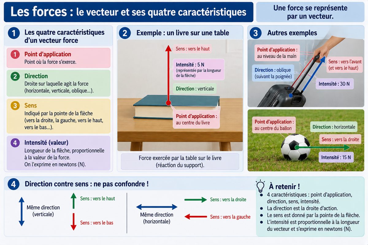 Les quatre caractéristiques d'une force représentée par un vecteur : point d'application, direction, sens et intensité en newtons, illustrées sur un livre posé sur une table, une valise tirée et un ballon frappé.