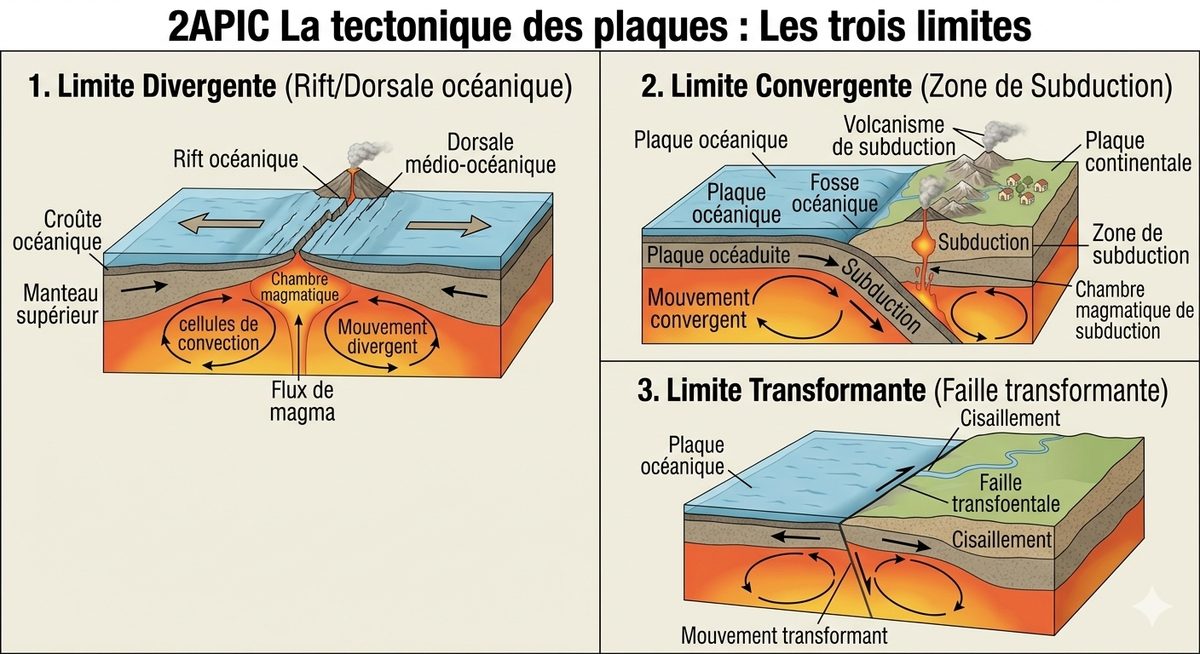 Les trois limites de plaques en blocs-diagrammes : divergente avec dorsale océanique, convergente avec zone de subduction et volcanisme, transformante avec faille et cisaillement.