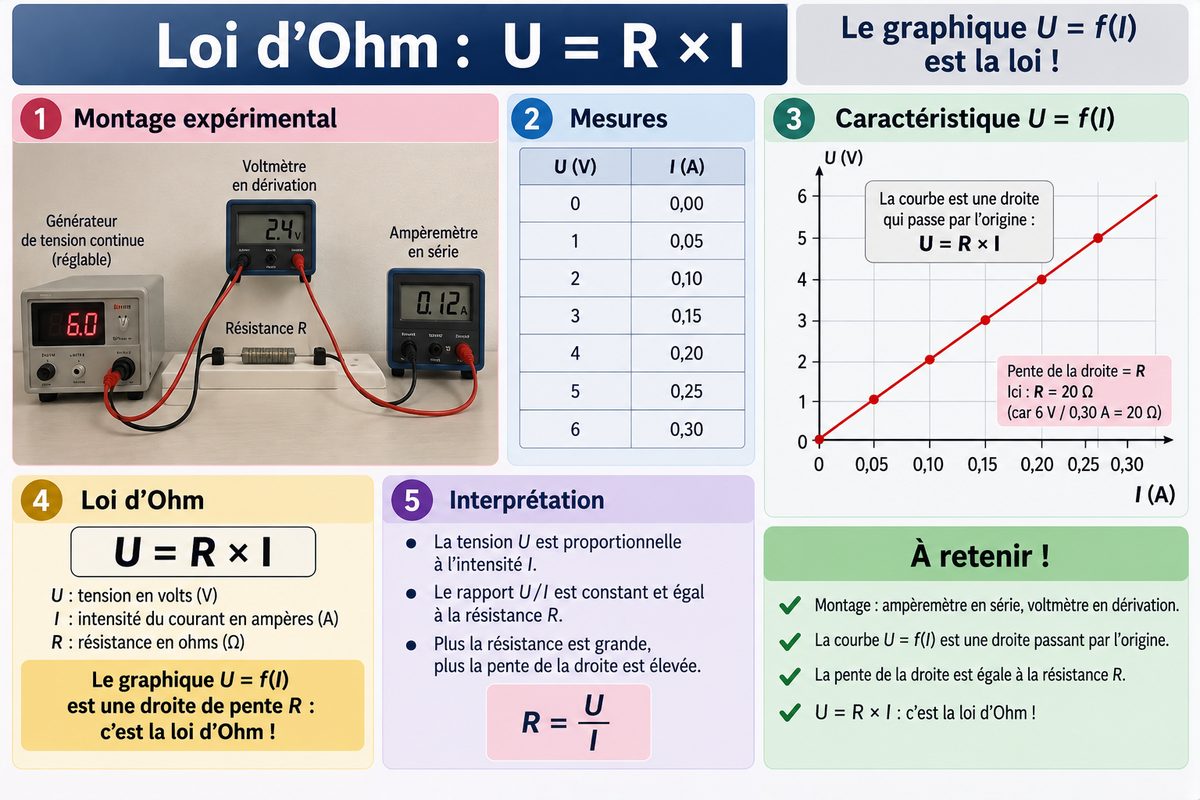 Le montage d'étude d'un résistor, le tableau des mesures, et la caractéristique tension en fonction de l'intensité. Les points sont alignés sur une droite passant par l'origine, dont la pente vaut la résistance.