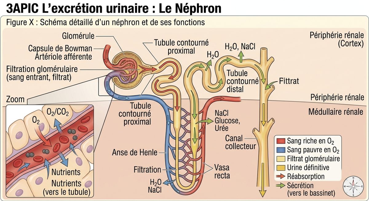 Schéma d'un néphron : glomérule et capsule de Bowman où se fait la filtration, puis le tubule où se fait la réabsorption, jusqu'au canal collecteur.