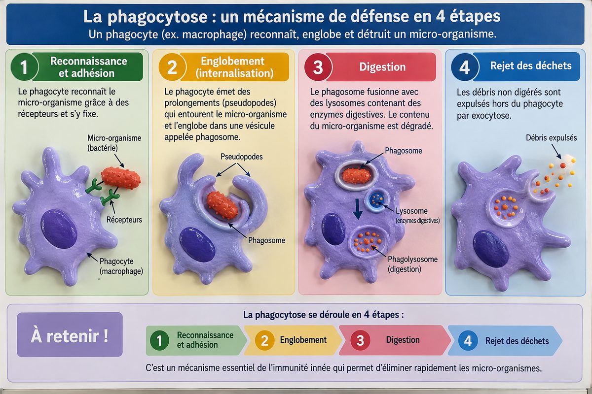 Les quatre étapes de la phagocytose : le phagocyte reconnaît le micro-organisme et s'y fixe, l'englobe dans une vésicule, le digère grâce à des enzymes, puis rejette les débris.