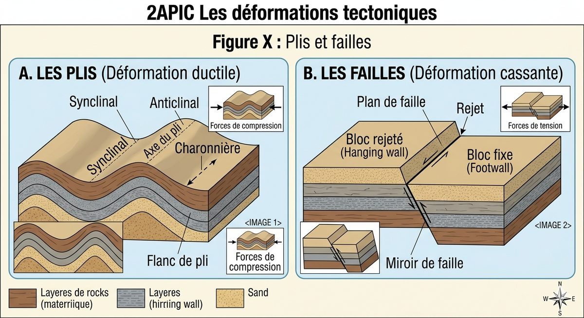 Deux déformations des roches : à gauche un pli avec anticlinal et synclinal sous l'effet de forces de compression, à droite une faille avec son plan de faille et son rejet sous l'effet de forces de tension.