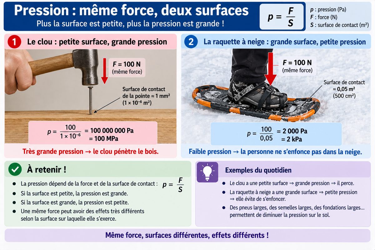 Une même force de 100 newtons appliquée sur deux surfaces très différentes. Sur la pointe d'un clou, la pression atteint 100 mégapascals et le clou pénètre le bois. Sous une raquette à neige, elle tombe à 2 kilopascals et la personne ne s'enfonce pas.
