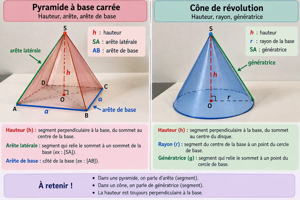 Une pyramide à base carrée et un cône de révolution, avec pour chacun la hauteur perpendiculaire à la base, et les longueurs obliques : arête latérale pour la pyramide, génératrice pour le cône.