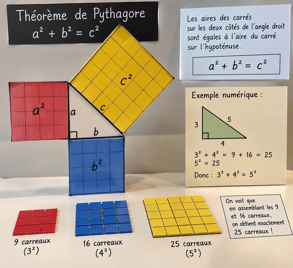 Un triangle rectangle porte un carré sur chacun de ses côtés. Les carrés construits sur les deux côtés de l'angle droit contiennent 9 et 16 carreaux, soit 25 carreaux au total, exactement le nombre de carreaux du carré construit sur l'hypoténuse.