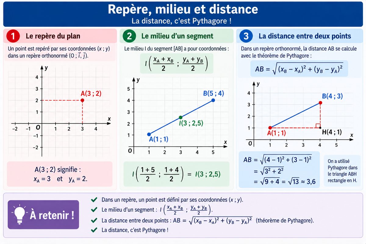 Le repère du plan et les coordonnées d'un point, le calcul des coordonnées du milieu d'un segment par la moyenne, et le calcul de la distance entre deux points par le théorème de Pythagore.