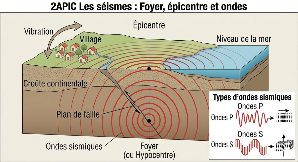 Bloc-diagramme d'un séisme : le foyer en profondeur d'où partent les ondes sismiques, l'épicentre à sa verticale en surface, le plan de faille, et un encadré comparant les ondes P et les ondes S.
