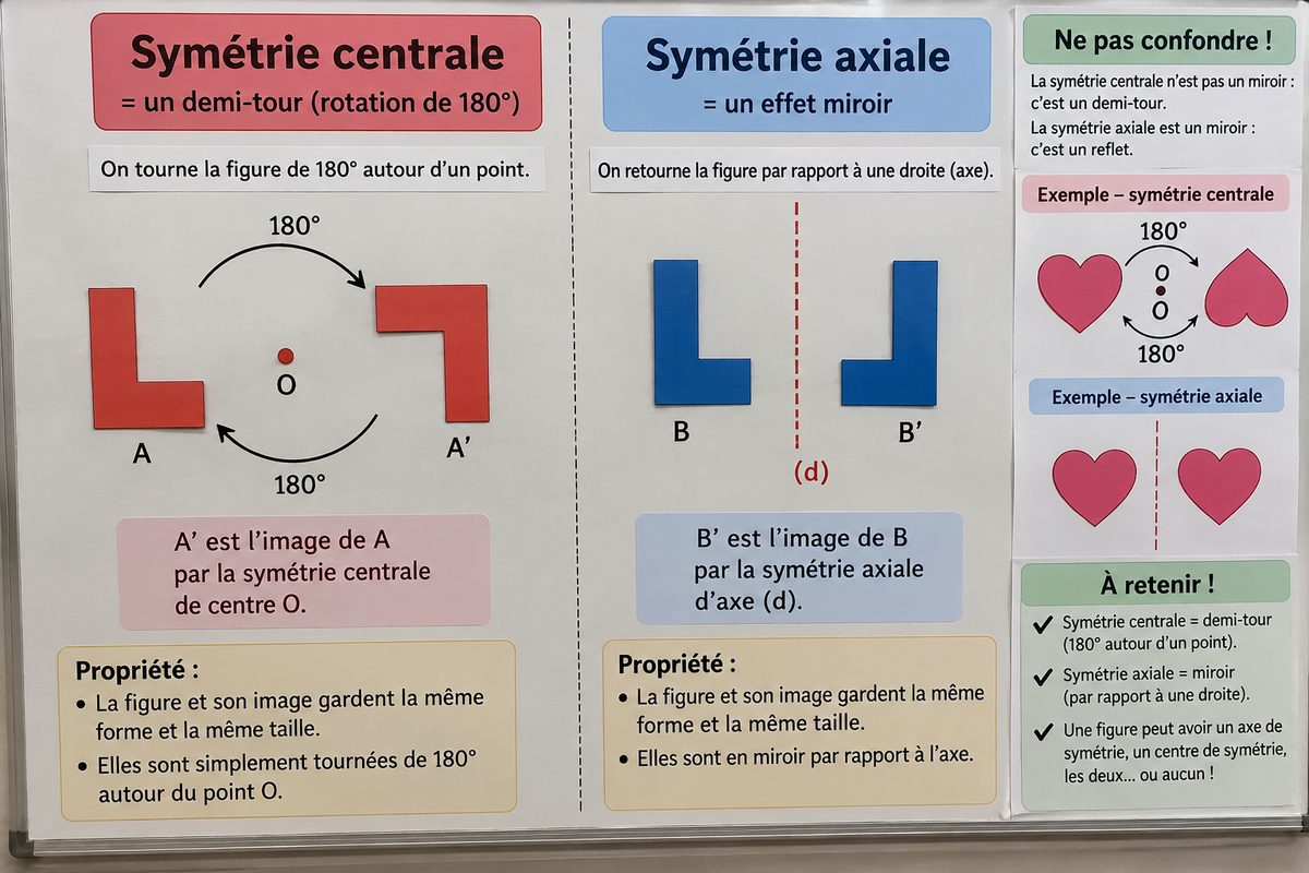 À gauche, la symétrie centrale : la figure tourne d'un demi-tour autour d'un point. À droite, la symétrie axiale : la figure se retourne en miroir par rapport à une droite. Dans les deux cas la forme et la taille sont conservées.