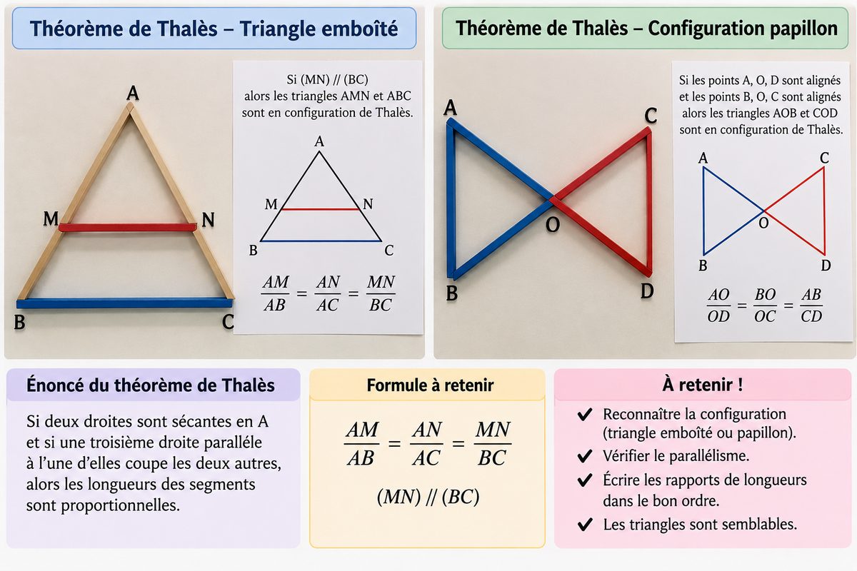 Les deux configurations du théorème de Thalès : le triangle emboîté, où la droite parallèle coupe les deux côtés du même côté du sommet, et la configuration papillon, où les points sont de part et d'autre du point d'intersection. Dans les deux cas, les rapports de longueurs sont égaux.