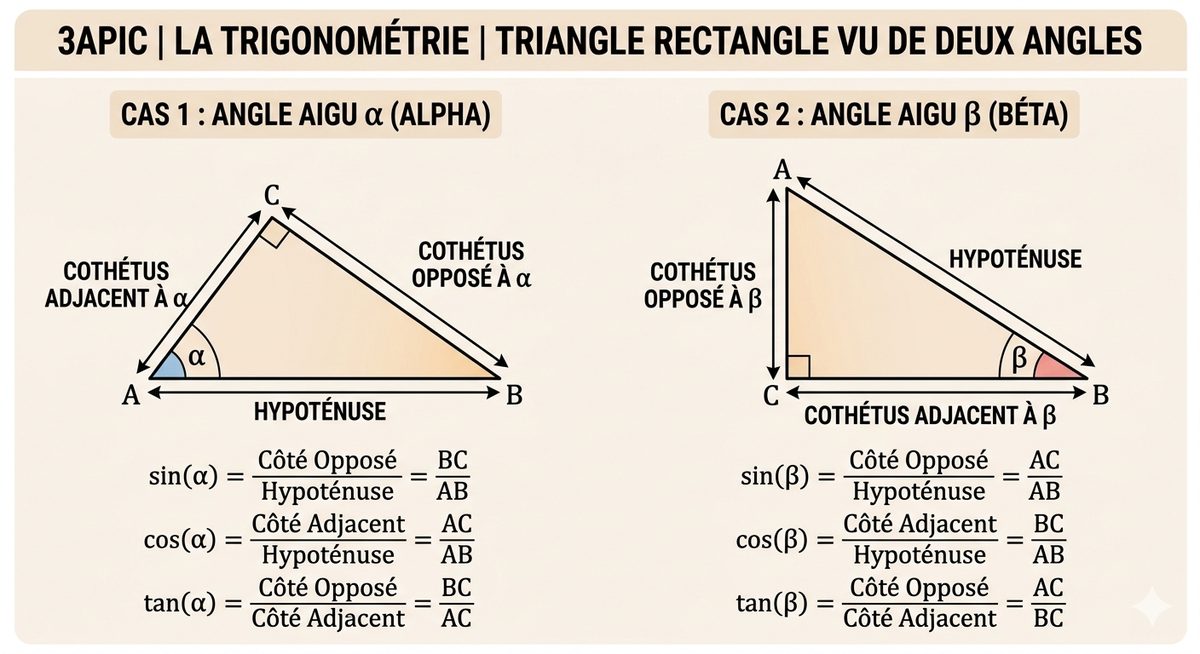 Le triangle rectangle vu depuis ses deux angles aigus, avec pour chacun le côté opposé, le côté adjacent et l'hypoténuse, puis les formules du sinus, du cosinus et de la tangente.
