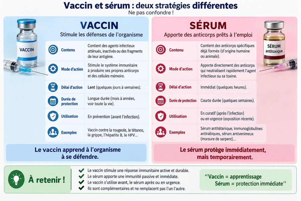 Comparaison du vaccin et du sérum : contenu, mode d'action, délai, durée de protection et usage. Le vaccin agit lentement mais longtemps, en prévention. Le sérum agit immédiatement mais brièvement, en urgence.