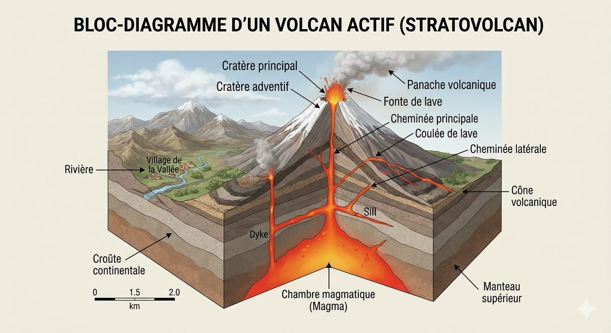 Bloc-diagramme d'un stratovolcan : cratère principal, panache volcanique, cheminée principale et latérale, coulée de lave, dyke, sill et chambre magmatique dans la croûte continentale.